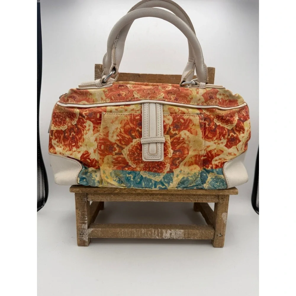 Floral Canvas Satchel Handbag Orange Blue Abstract Print Faux Leather Trim‎